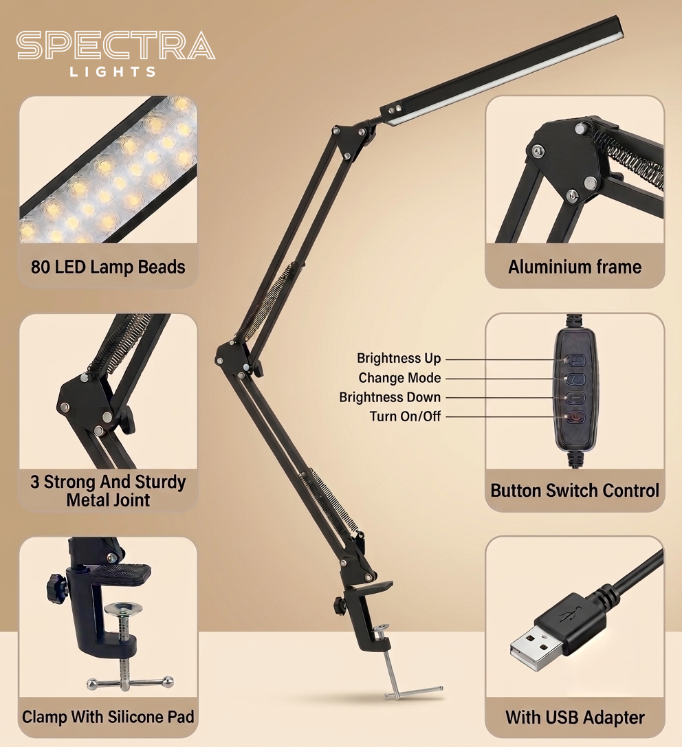 Spectra Lights Modern Desk lamp with Adjustable arm and clamp - for Office, Study Table, Reading Room