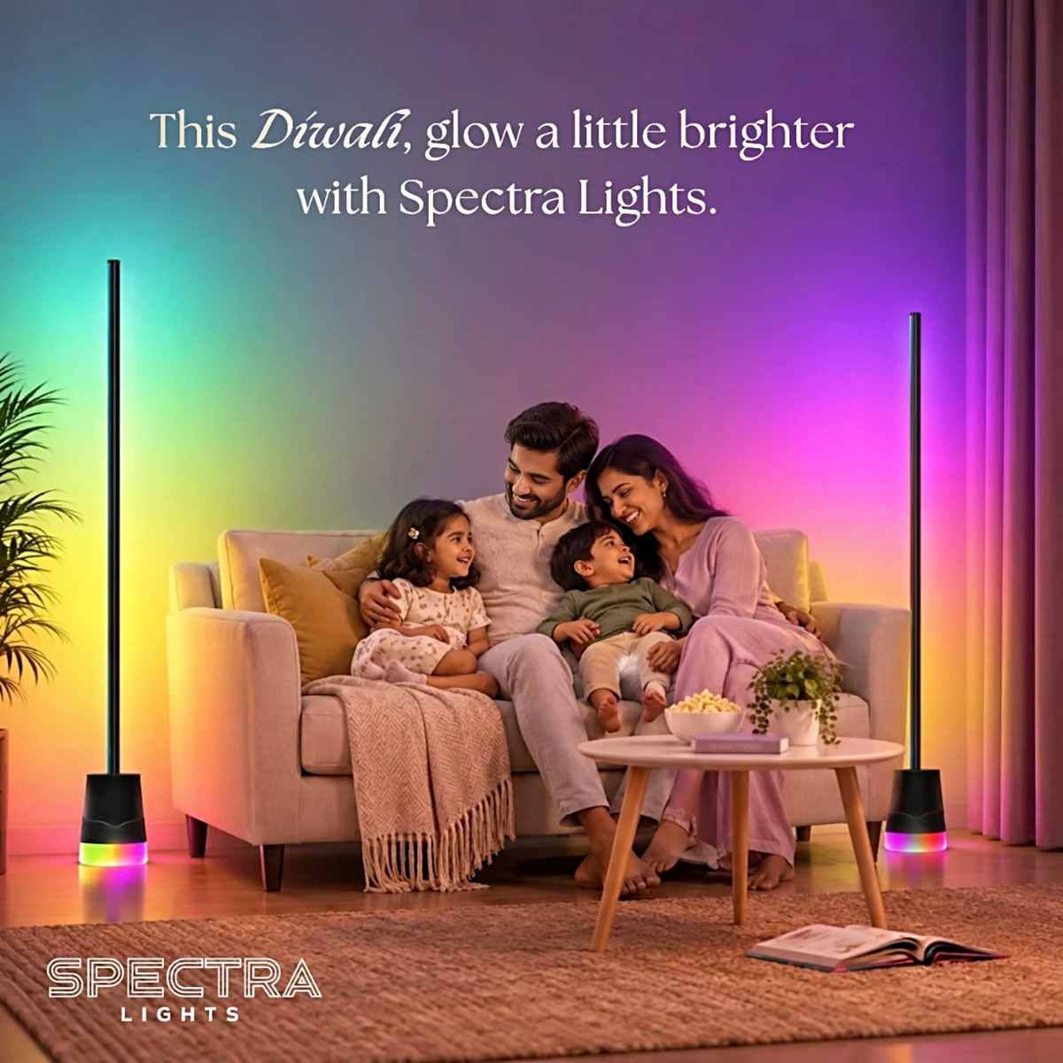 Spectra Lights Cylindrical Floor Lamp with Glowing Base for Bedroom, Living Room & Gaming Setup with Remote & App Control, Music Sync, Multiple Lighting Modes, Adjustable Brightness & Speed.