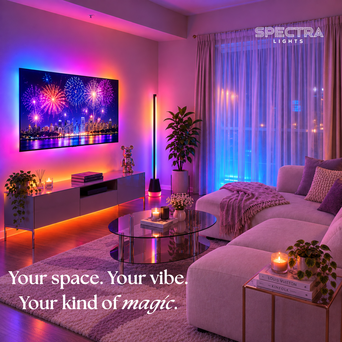 Spectra Lights Cylindrical Floor Lamp with Glowing Base for Bedroom, Living Room & Gaming Setup with Remote & App Control, Music Sync, Multiple Lighting Modes, Adjustable Brightness & Speed.
