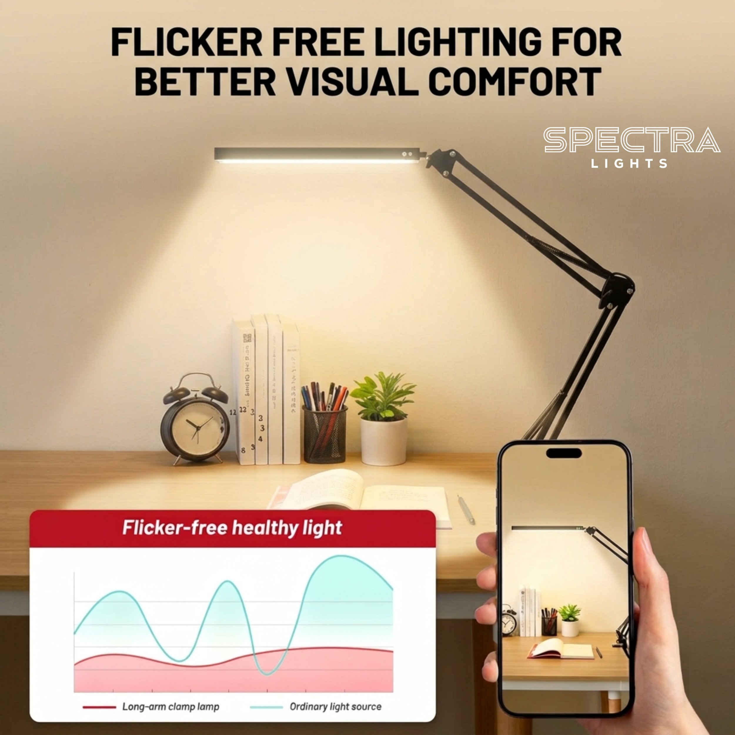 Spectra Lights Modern Desk lamp with Adjustable arm and clamp - for Office, Study Table, Reading Room